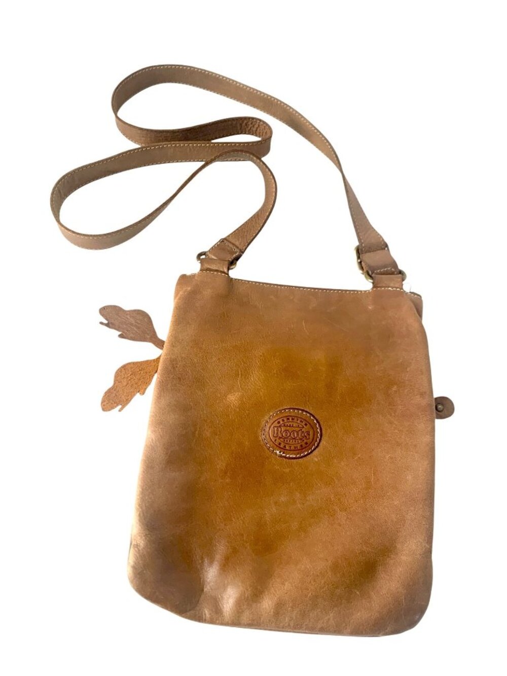 Roots Tan Leather Crossbody Purse With Adjustable Strap & Zipper Pockets - Picture 9 of 9